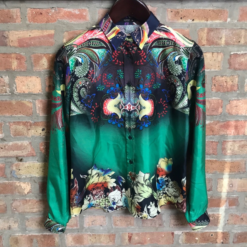 ETRO 100% Silk Colorful Paisley Floral Button Front Blouse